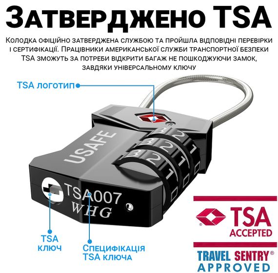 Замок підвісний для багажу з гнучким тросом USafe CP-04-TSA, зі змінним 3-значним кодом та підтримкою TSA ключа | Зображення 5