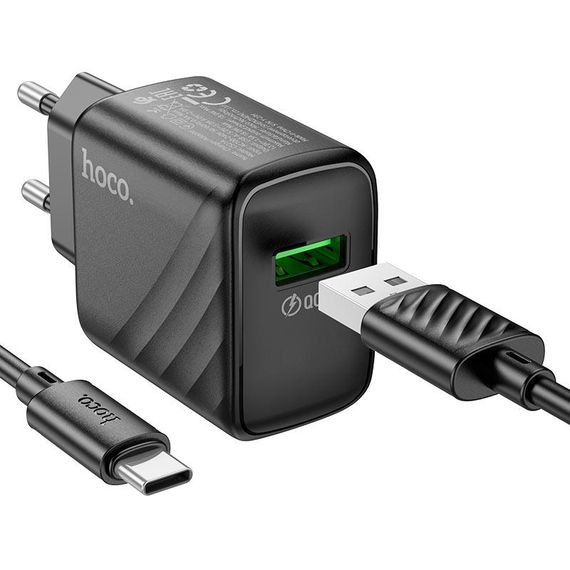 Набір СЗУ 110-240V HOCO CS21A + кабель Type-C, 1xUSB, 18W, кабель 1м, Black, Box | Зображення 2