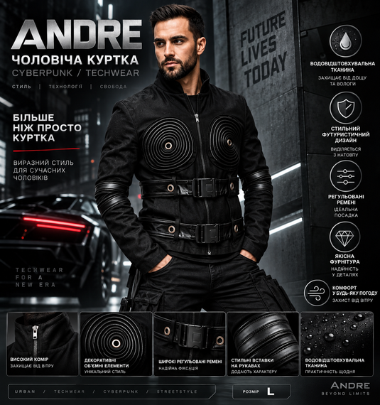 Мужская куртка ANDRE Cyberpunk Techwear черная водоотталкивающая, футуристическая куртка с ремнями, размер L | Зображення 6