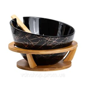 Салатница на бамбуковой подставке с ложкой Ø 25 см черная HP1245