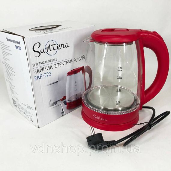 Електрочайник фирменный Suntera EKB-322R 1500 Вт, Электрочайник стеклянный с подсветкой стильный QM-53 | Зображення 1