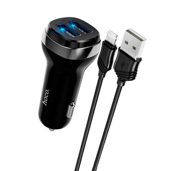 Набір АЗУ 12-24V HOCO Z40 + кабель Lighting, 2xUSB, 2.4A, кабель 1м, Black, Box | Зображення 1