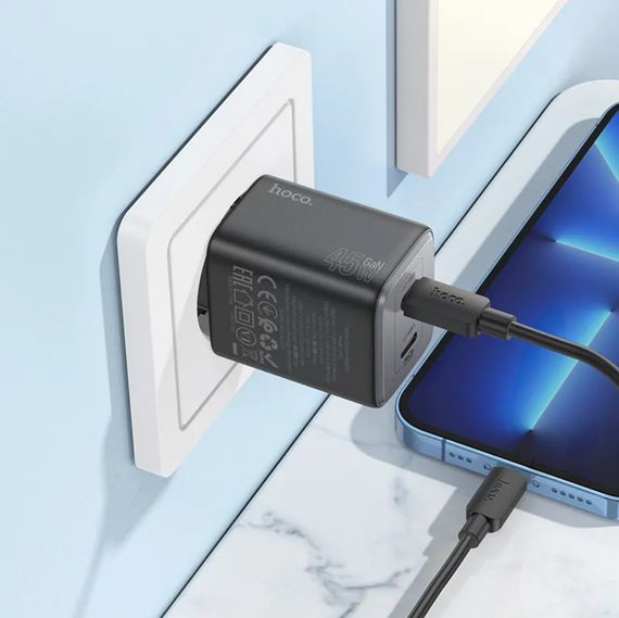 Зарядний пристрій Hoco N42 Quick Charger PD 45W / 2 х Type-C з кабелем Type-C to Type-C - Black | Зображення 2