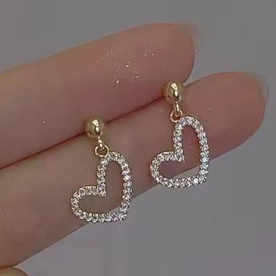 Сережки з сердечками, сережки з камінцями, сережки с камінчиками, сережки-сердечки