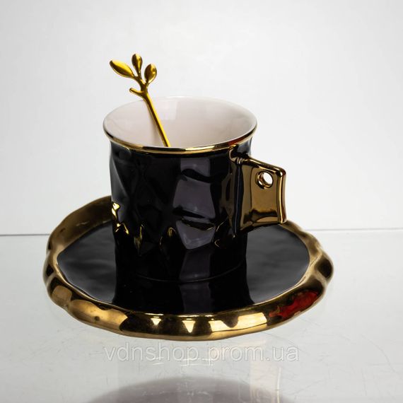 Чашка порцелянова для кави 200 (мл) з блюдцем і ложкою, гарна чашка в подарунок Чорний із золотом FM-1A | Зображення 1