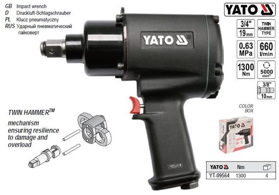 Гайковерт ударный YATO Польша пневматический 3/4" F=1630 Nm YT-09564