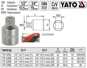 Переходник YATO перехидник M=1/2"(F)/3/4(М) l=48 мм YT-1356