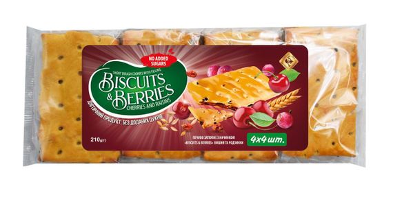 Печиво затяжне з начинкою BISCUITS  BERRIES вишня та родзинки 210г (214198)