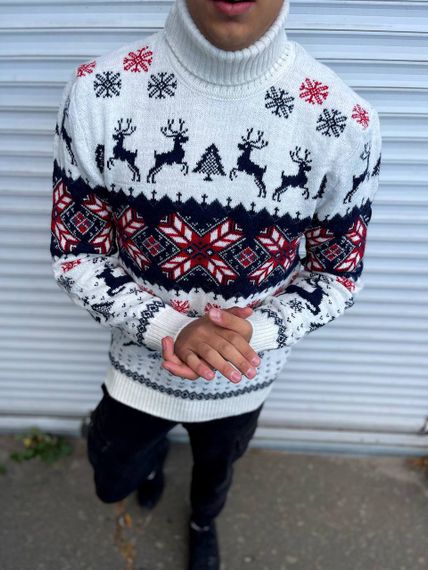Мужской новогодний свитер с оленями в узорах PA2655 цвет белый, размер XXL | Зображення 1