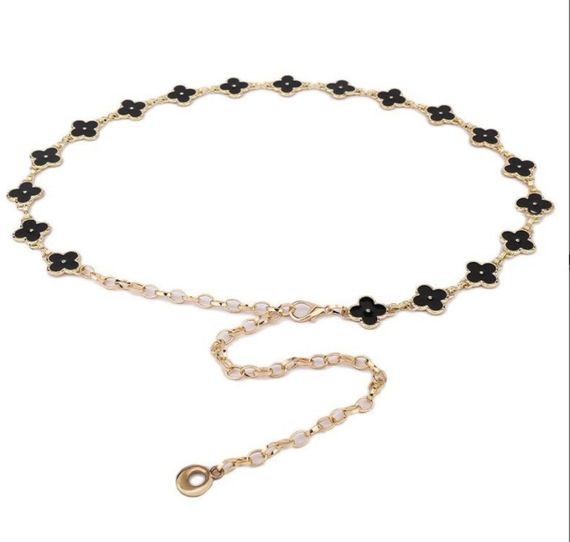 Стильний пояс ланцюжок двосторонній чотирьохлисник gold black/white | Зображення 9
