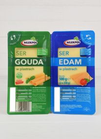 Сир твердий нарізка слайсами Gouda+Edam Mlekpol, 500 г, Польща, два різновиди сиру нарізування