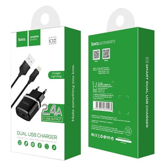 СЗУ Hoco C12 Charger + Cable Lightning 2.4A 2USB Чорний | Зображення 2