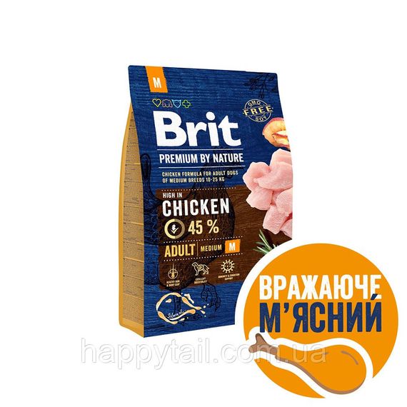 Корм Brit Premium by Nature Adult M для взрослых собак средних пород, курица, 3 кг