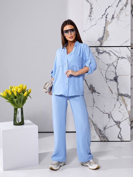 Женский легкий костюм рубашка и свободные брюки креп-жатка, UH378 размер 44, цвет голубой | Зображення 5