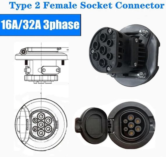 Розетка для зарядки электромобилей типа 2, EV разъем для зарядки Type 2, 32A IEC 62196-2 3 фазы переменный ток | Зображення 1