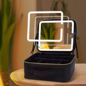 Косметичка-органайзер шкіряна з дзеркалом LED підсвічування RV Чорна