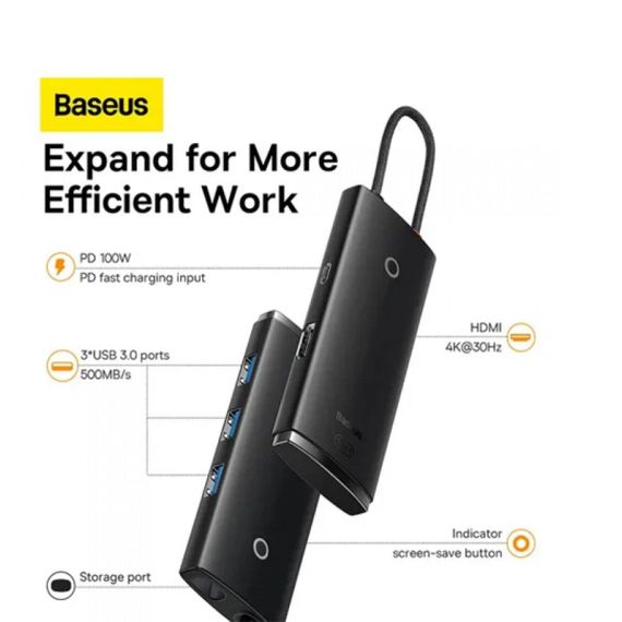USB-Hub Baseus Lite Series 5-Port Type-C HUB Docking Station (Type-C to HDMI+USB3.0*3+PD) Black | Зображення 4