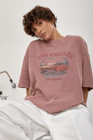 Футболка в стилі тай-дай із принтом авто - пудра цвет, ONE SIZE (є розміри) | Зображення 3