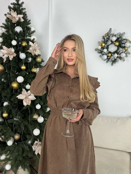 Жіноча сукня із вельвету з поясом колір мокко р.42/44 448437 | Зображення 3