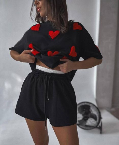 Жіночі короткі шорти трикотажні з подвійним поясом колір чорний розмір 42/46 PP027