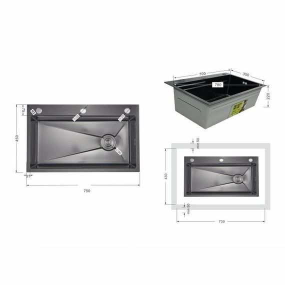 Lidz Handmade H7545B Мойка для кухни интегрированная Decor Black PVD Honeycomb 3,0/1,0 мм LDH7545BDECPVD48373 | Зображення 1