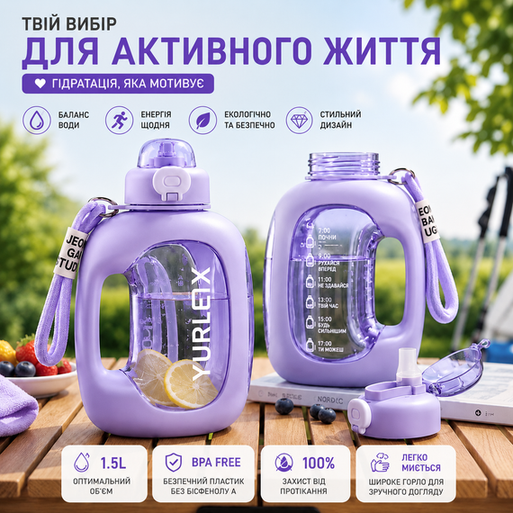 Спортивная бутылка для воды 1.5 л (1500 мл) Фиолетовая - с ручкой и трубочкой без BPA, с мотивирующей шкалой времени | Зображення 4