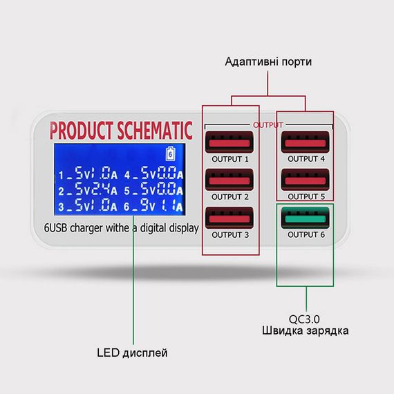 Зарядна станція на 6 USB портів Addap MCS-896, багатопортовий зарядний пристрій з дисплеєм, 40W | Зображення 6