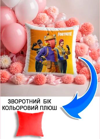 Подушка плюшева Мерч Крафт Дизайн з принтом Fortnite червоний плюш квадратна 33х33 см