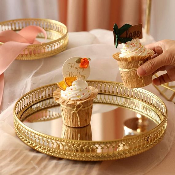 Таця дзеркальна декоративна, піднос 25 см круглий металевий золотистий для парфумів, косметики, прикрас, десертів | Зображення 4