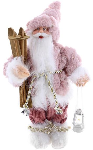 Интерьерная новогодняя фигурка Santa с лыжами 30см розовый с белым
