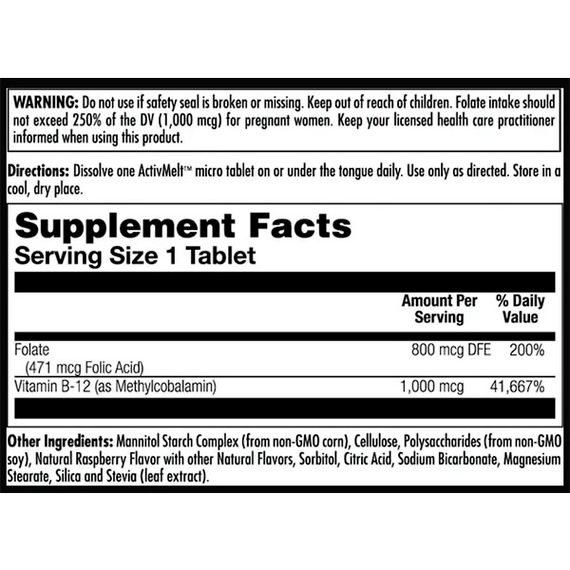 Фолиевая кислота KAL Folic Acid Methyl B-12 60 Micro Tablets Raspberry | Зображення 1