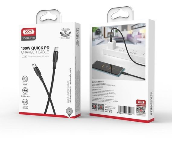 Кабель XO NBQ199 High Power Braided Type-C to Type-C - 100W - 1m Black | Зображення 4