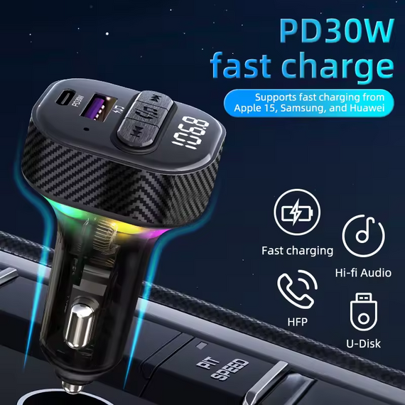 FM-трансмітер для автомобіля Bluetooth 5.3 зі швидким зарядним пристроєм PD30W Type-C і підтримкою бездротової музики | Зображення 1