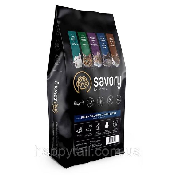 Корм сухий Savory Adult Cat Gourmand Fresh Salmon and White Fish для довгошерстих котів зі свіжим.лососем і білою.рибою 8 кг