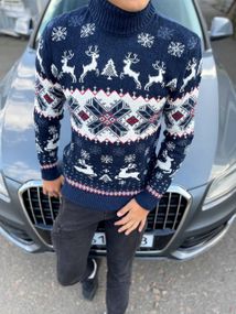 Мужской новогодний свитер с оленями в узорах PA2655 цвет синий, размер L