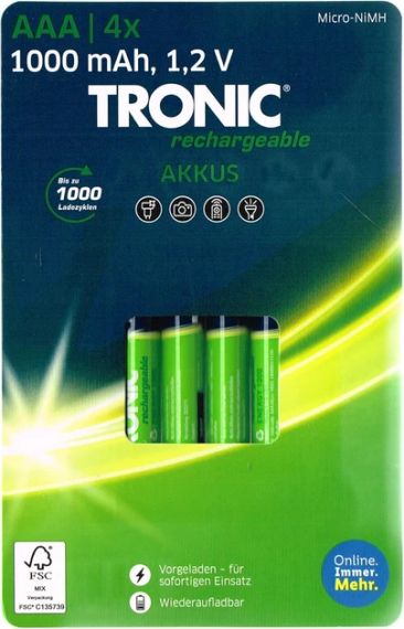 Акумуляторні батарейки TRONIC AAA HR03 1000 mAh, 4 шт