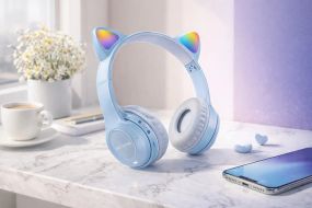 Беспроводные наушники с кошачьими ушками и лед подсветкой Cat Ear Y47 Led, Bluetooth наушники с микрофоном Голубой