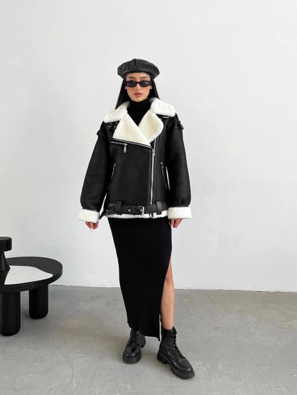 Дубленка женская OVERSIZE с белым мехом, цвет черный S-M | Зображення 4
