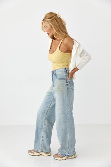 Джинси Wide leg з ефектом бруду - блакитний цвет, XL (є розміри) | Зображення 2