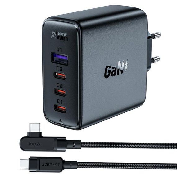 МЗП Acefast A37 PD100W+QC3.0 GaN (1USB-A/3C) + кабель Type-C to Type-C 2m Black