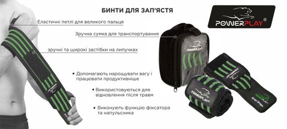 Кистьові бинти PowerPlay 3081 Чорно-Зелені | Зображення 2