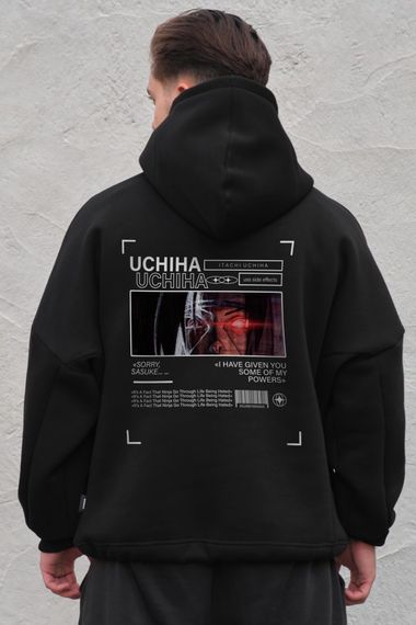 Оверсайз худі толстовка на флісі з капюшоном та принтом Without Uchiha Black