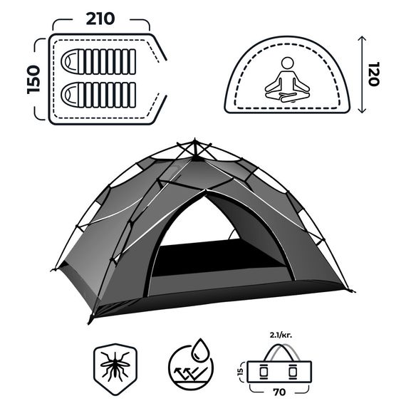 Палатка автоматическая 2-x местная 210*150*120 см, черная | Зображення 9