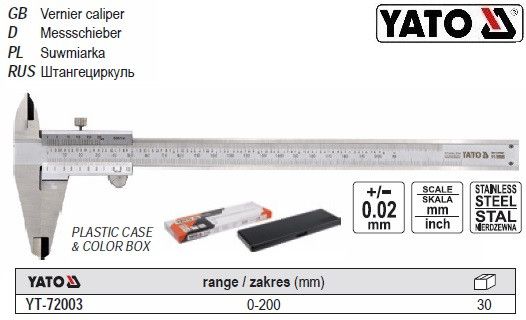 Штангенциркуль YATO Польша 200±0,02 мм YT-72003