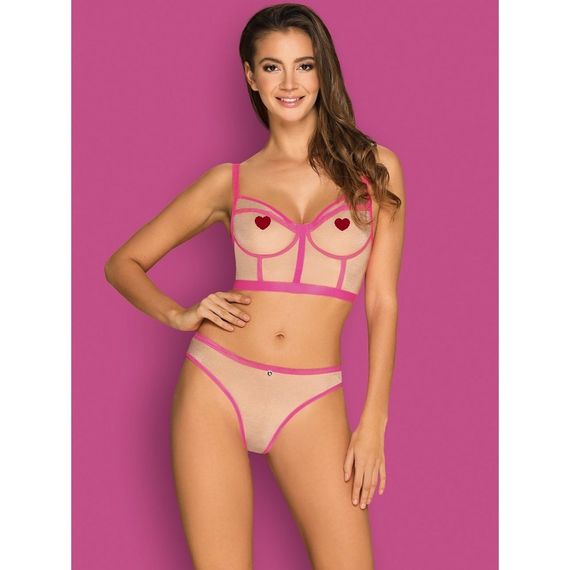 Комплект Obsessive Nudelia бюстьє з трусиками, бежевий з чорним, S/M sexstyle