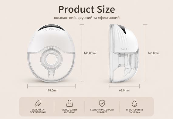 Портативный беспроводной молокоотсос MW-375 Wearable Electric Breast Pump с аккумулятором, 4 режима, 12 уровней, USB Type-C | Зображення 4