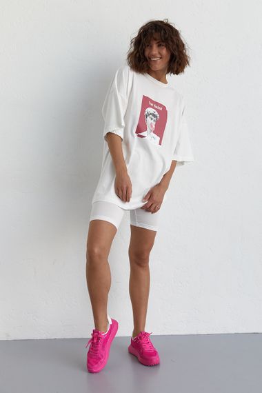 Женский костюм с футболкой oversize и велосипедками - молочный цвет, L (есть размеры) | Зображення 3
