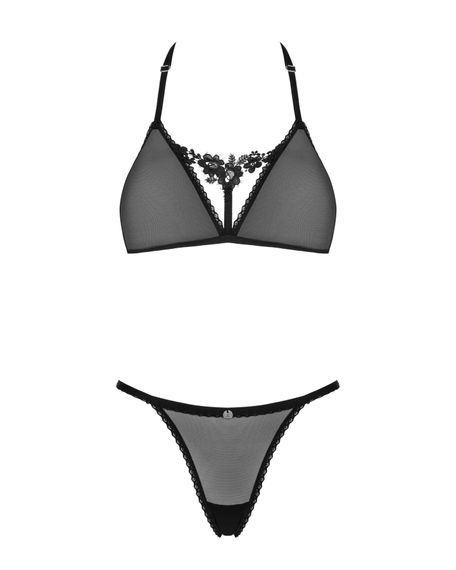 Напівпрозорий комплект Obsessive Celia Noir 2-pcs set XL/2XL, бюстгальтер, стрінги | Зображення 2