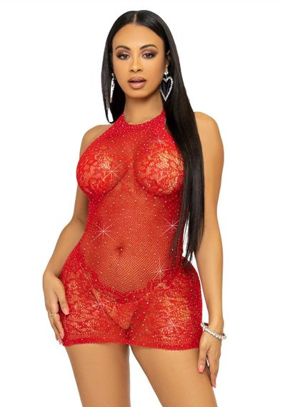 Платье-сетка со стразами Leg Avenue Rhinestone halter mini dress Red, открытая спина, one size sexstyle