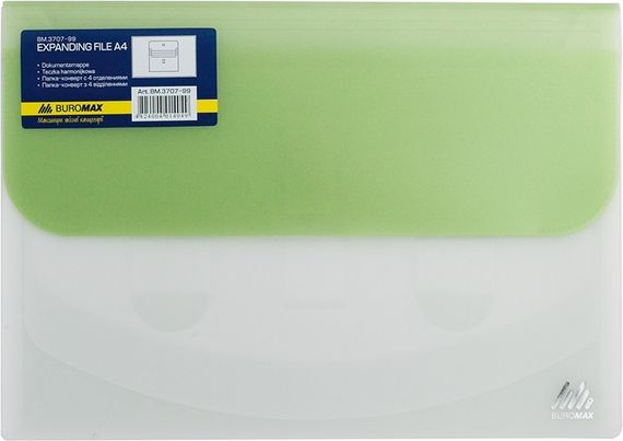 Папка-конверт TRAVEL BM.3707-99 BUROMAX, на липучці, А4, 4 відділення, матовий напівпроз.пластик (4823078953360) Зелений